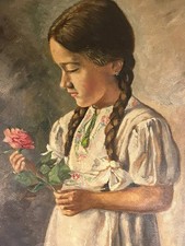 Dipinto olio ragazza con rosa, luglio Frassine 1937, firmato, 38x54 cm, buono