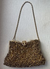 Borsa da sera Kate Landry oro/marrone paillettes pochette perline catena manico superiore vintage