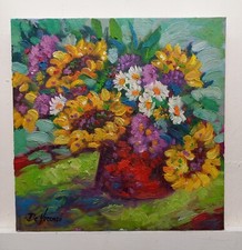 Complemento Arredo Dipinto Fiori Girasoli Olio Tela Cm30x30