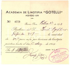 1933 BUENOS AIRES Academia de Linotipia GOTELLI - Ricevuta per lezioni