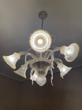 Lampadario in vetro stile Murano anni ’90 – 6 luci floreali, grande, artigianale
