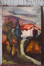 Olio su tavola - Paesaggio Toscano con covoni e cipressi - 28*42 cm