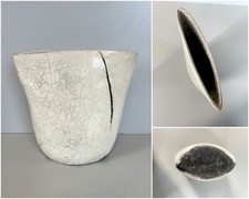 VASO TASCA CERAMICA RAKU Studio Art Pottery WHITE CRACLE' FIRMA "A" EPOCA '900
