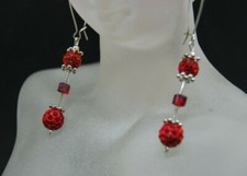 Shamballa and Swarovski Crystal Earrings in Red and Silver. Handmade in UK