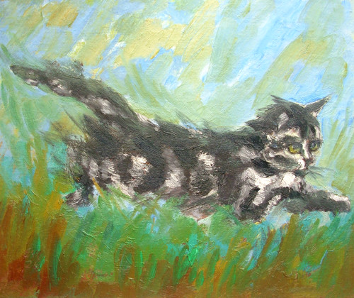 Running tabby cat - running, dipinto