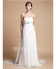 Abito da sposa impero senza spalline in chiffon con pieghe Watteau e perline