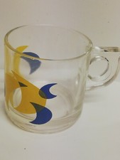 BICCHIERE NUTELLA IN VETRO CON MANICO ANNI 80 TAZZA FERRERO DECORI GIALLO BLU