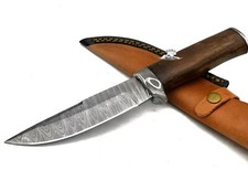 COLTELLO DA CACCIA ARTIGIANALE IN ACCIAIO VERO DAMASCO MANICO LEGNO LAMA FISSA 