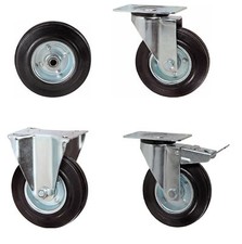 RUOTA IN GOMMA NERA NUCLEO SUPPORTO ZINCATO RUOTE GIREVOLI FISSE FRENO CARRELLI