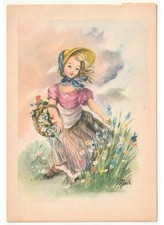 1964 Modì cartolina d'epoca bambina cappello di paglia cesto fiori prato