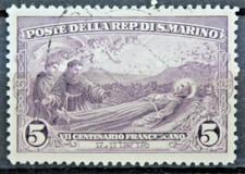 SAN MARINO 1928 MORTE DI SAN FRANCESCO LIRE 5 TIMBRATO USED (C.SC)