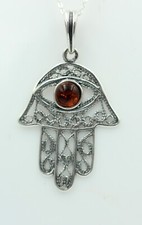 Ambra Mano di Fatima 925 Collier Collana Argento Ciondolo IN Ambra