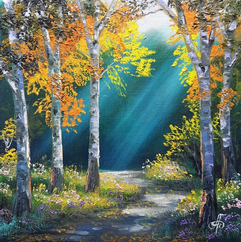 Dipinto olio sentiero - , foresta