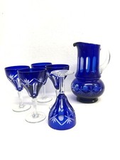 SET CARAFFA 5 BICCHIERI CRISTALLO BOEMIA MOLATO CUT BLU COBALTO CLEAR GLASS '900