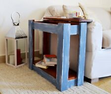 Tavolino Laterale da divano salotto caffe in Legno Massello Azzurro Shabby Noce