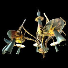 Lampadario Vintage azzurro  Mid Century ottone e ceramica decorata anni 50 60