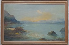 Bella grande marina all'alba o tramonto olio tavola firmato e autenticato 58x88