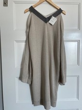 Abito donna nuovo con etichette $2675 Brunello Cucinelli lavorato a maglia Monili latte lino TG M
