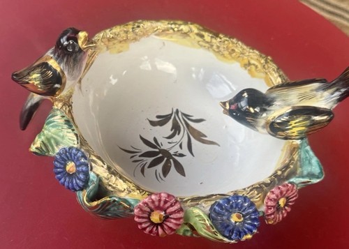 Vintage ceramic gilt nest bird - vintage,
