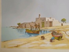 Aldo RISO, incisione Firmata   colorata a mano cm. 50 x 70 Pescatori