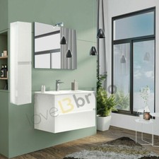 Mobile bagno sospeso 80 cm con LAVABO, SPECCHIO, LED, COLONNA - bianco lucido