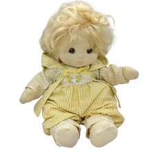 Bambola vintage Mattel 1985 My Child con capelli biondi occhi marroni vestito Seersucker LEGGI