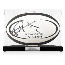 Pallone da rugby dei Newcastle firmato da Jonny Wilkinson. In teca con targa
