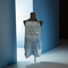 Salopette jeans donna, corta, con cinghie, gamba larga, tuta pantaloncini, tg 46