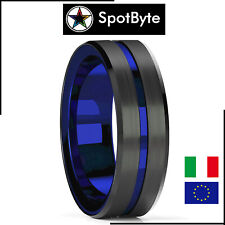 Anello Uomo Nero con Linea Blue Notte Fascia Smussato Effetto Satinato Opaco