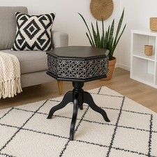 Tavolino Marocchino Ottagonale 45x45cm in Legno Nero con Intarsi in Metallo