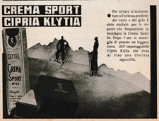 PUBBLICITA' 1936 CREMA SPORT 64 CIPRIA KLYTIA  GELO MONTAGNA SCIATORI SCI DONNA
