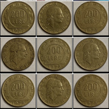 Lotto di 9 Monete 200 lire 