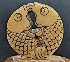 Vecchio ciondolo antico giada hetiana scultura pesci acquario artigianato cinese