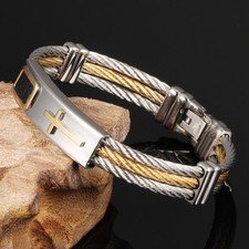 Women Men 316L Stainless Steel 3-Row Twisted Cable Cross Bangle Bracelet New 