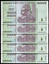 10 CONSECUTIVE 2008 50 TRILIONI DI DOLLARI ZIMBABWE, AA P-90 UNC