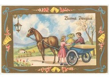1960 bambini uovo di Pasqua calesse cavallo cartolina pasquale d'epoca