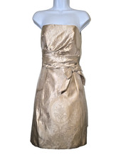 Abito Kay Unger 100% seta jacquard senza spalline oro foderato cocktail crinolina taglia 4