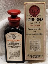 Fantastica bottiglia pubblicitaria vintage Menley & James Iodex sigillata scatola etichetta originale