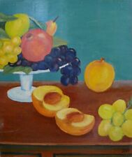DIPINTO OLIO SU TAVOLA - NATURA MORTA. FRUTTA SU TAVOLO E ALZATA.
