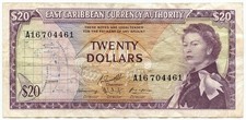 20 DOLLARS EAST CARIBBEAN CURRENCY AUTHORITY QUEEN ELIZABETH I 1965 BB/BB+