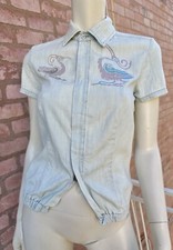 DIESEL Denim Top Shirt Zipper Light Blue Jeans Birds Washed Y2K 1990 Size IT42 S