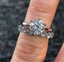 Anello da sposa in oro bianco massiccio 14 carati con diamanti taglio tondo 3...