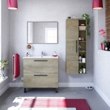Mobile Bagno Con Lavabo Specchio E Colonna Athena 80 Cm 2 Cassetti Rovere Alaska