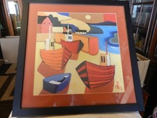 3 barche da pesca e barca a remi di città stampa artistica incorniciata e opaca di dh