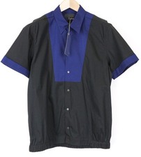 Richmond Uomo Camicia 48 Blu Nero Cotone Elastico Manica Corta con Bottoni