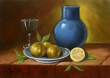 Natura morta: Brocca con limoni , genere realista ,olio su tela cm 35 x 50cm.