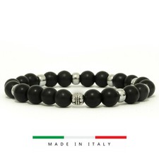 Braccialetto bracciale elastico da uomo nero pietra ONICE anelli ACCIAIO regalo