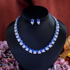 Splendido set gioielli orecchini collana matrimonio tennis triangoli blu tanzanite zirconi