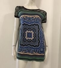 TWIN SET SIMONA BARBIERI Maglia T-shirt nera fantasia verde azzurra pizzo Tg M/L