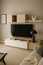 Parete attrezzata mobile soggiorno TV con mensola e modulo sospeso bianco rovere